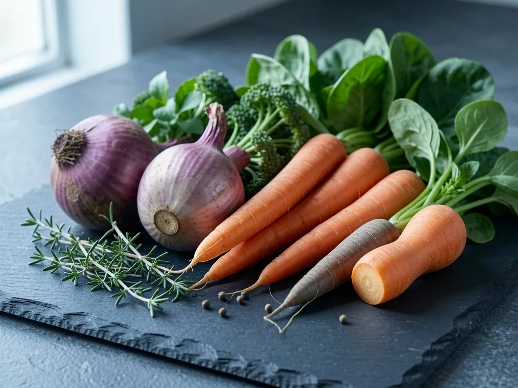 Légumes bruts sur surface d'ardoise
