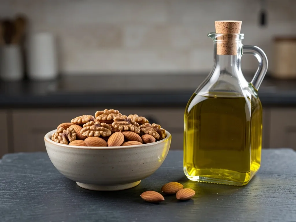 Oléagineux, huile d'olive et fruits sur comptoir sombre