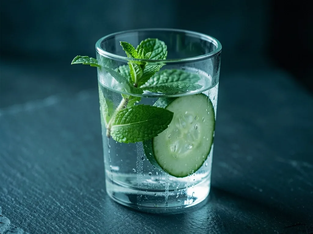 Verre d'eau avec menthe sur surface sombre