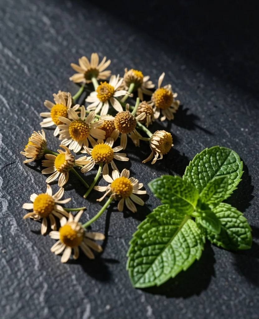 Plantes traditionnelles séchées sur pierre sombre